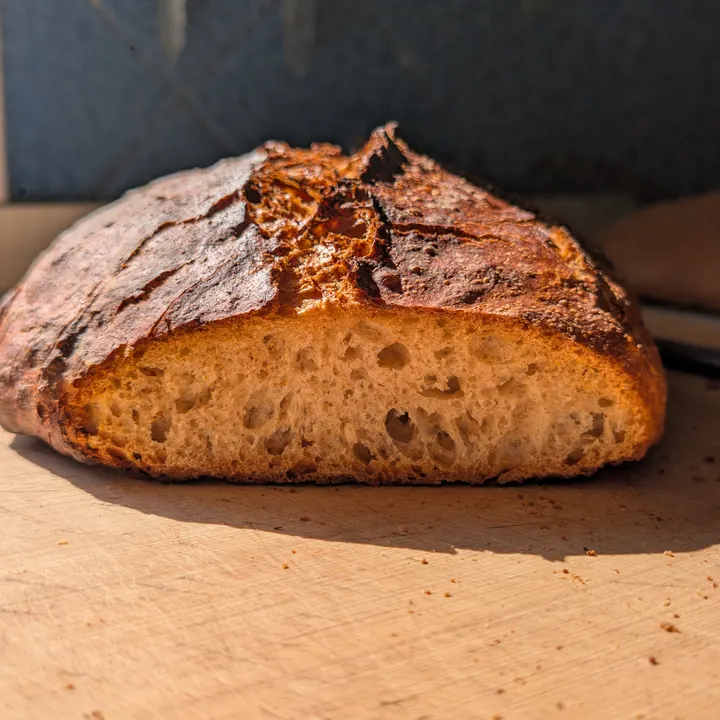 Molla oberta d’un pa de poolish amb crosta torrada